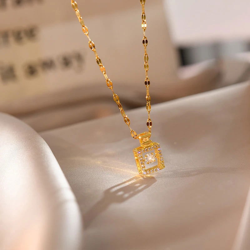 Sweet Zircon Crystal Pendant Necklace For Women Korean Fashion Stainless Steel Clavicle Chain Jewelry Female Wedding Accessories - Slobuy
