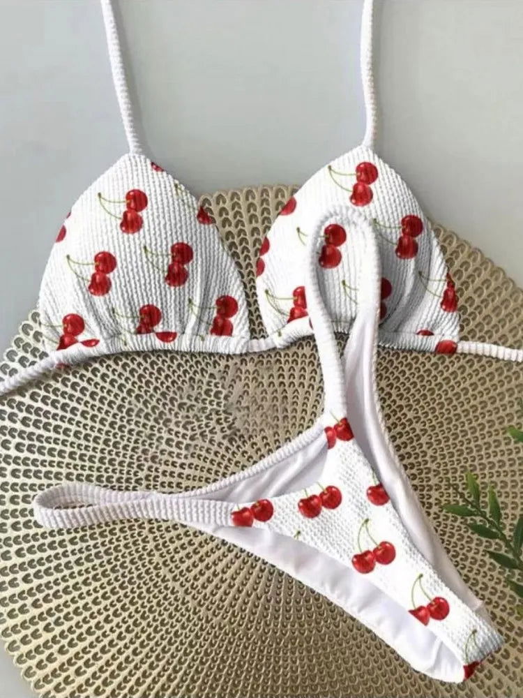 Swimwear Women Cute  Cherry Print Brazilian Thong Bikini Set Sexy Thong Swimsuit Two Pieces Bathing Suit Women 2023 Beach Wear - Slobuy