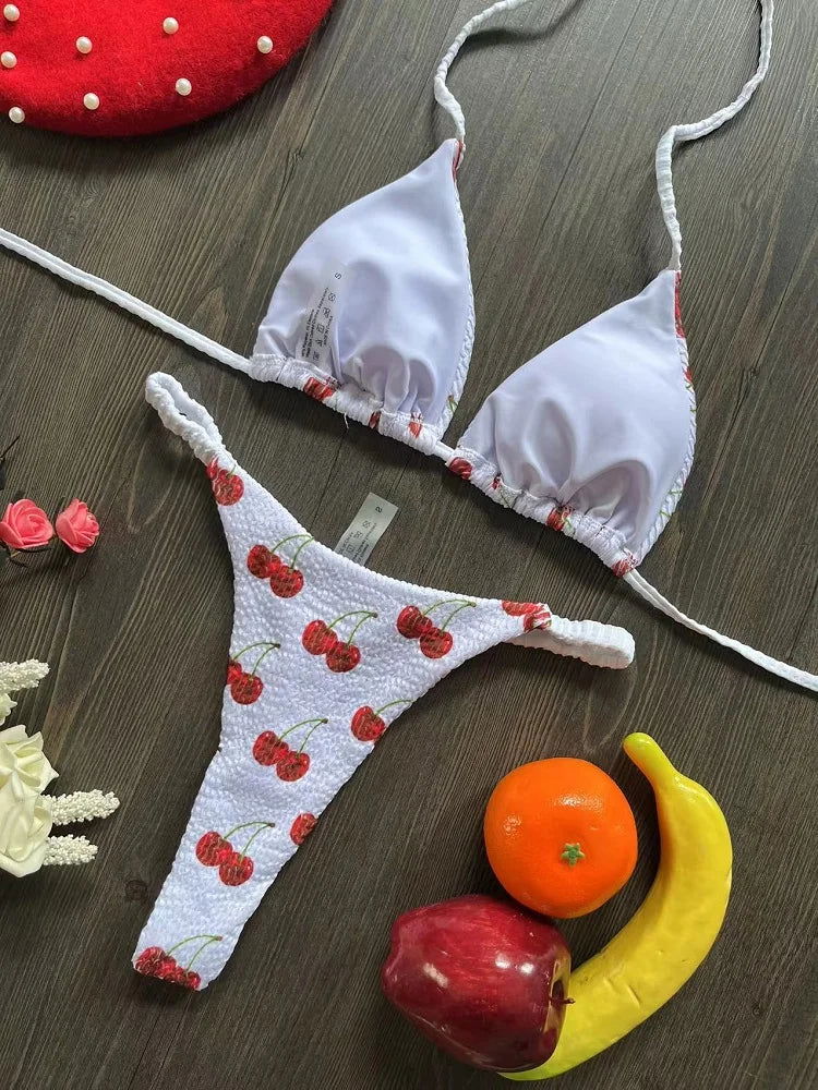 Swimwear Women Cute  Cherry Print Brazilian Thong Bikini Set Sexy Thong Swimsuit Two Pieces Bathing Suit Women 2023 Beach Wear - Slobuy
