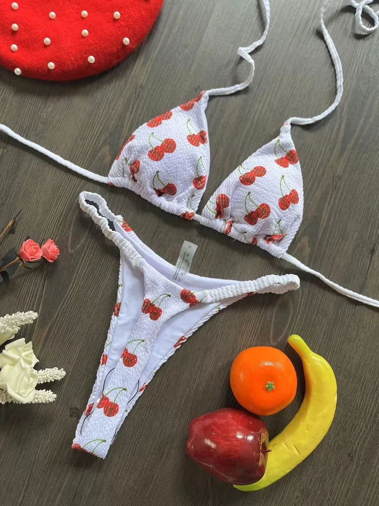Swimwear Women Cute  Cherry Print Brazilian Thong Bikini Set Sexy Thong Swimsuit Two Pieces Bathing Suit Women 2023 Beach Wear - Slobuy