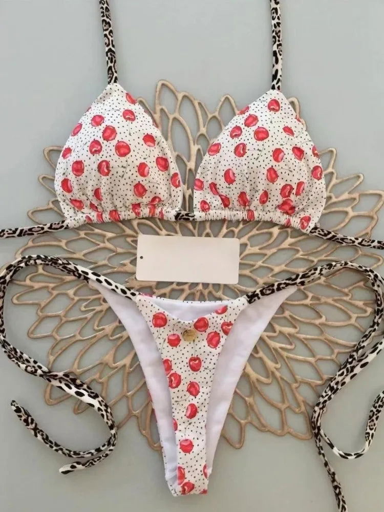 Swimwear Women Cute  Cherry Print Brazilian Thong Bikini Set Sexy Thong Swimsuit Two Pieces Bathing Suit Women 2023 Beach Wear - Slobuy