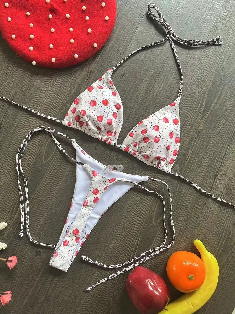 Swimwear Women Cute  Cherry Print Brazilian Thong Bikini Set Sexy Thong Swimsuit Two Pieces Bathing Suit Women 2023 Beach Wear - Slobuy