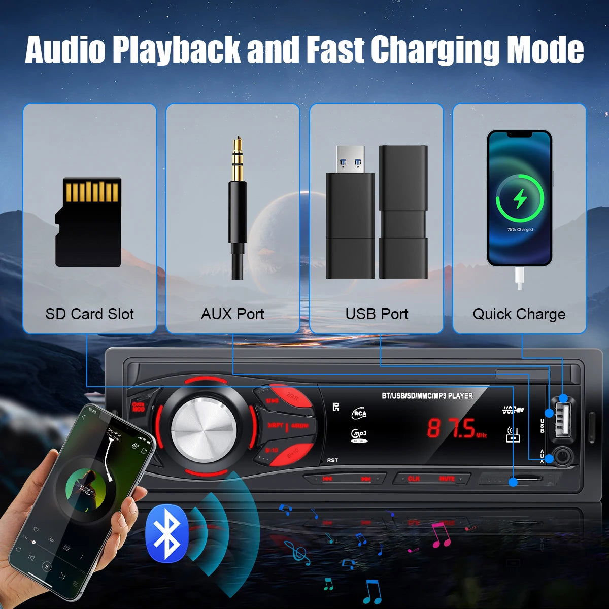 HIVOZ Car Radio Audio 1 Din Bluetooth Stereo Hands-Free Calling MP3 Player FM Receiver With AUX/USB/TF Card In Dash Kit - Slobuy