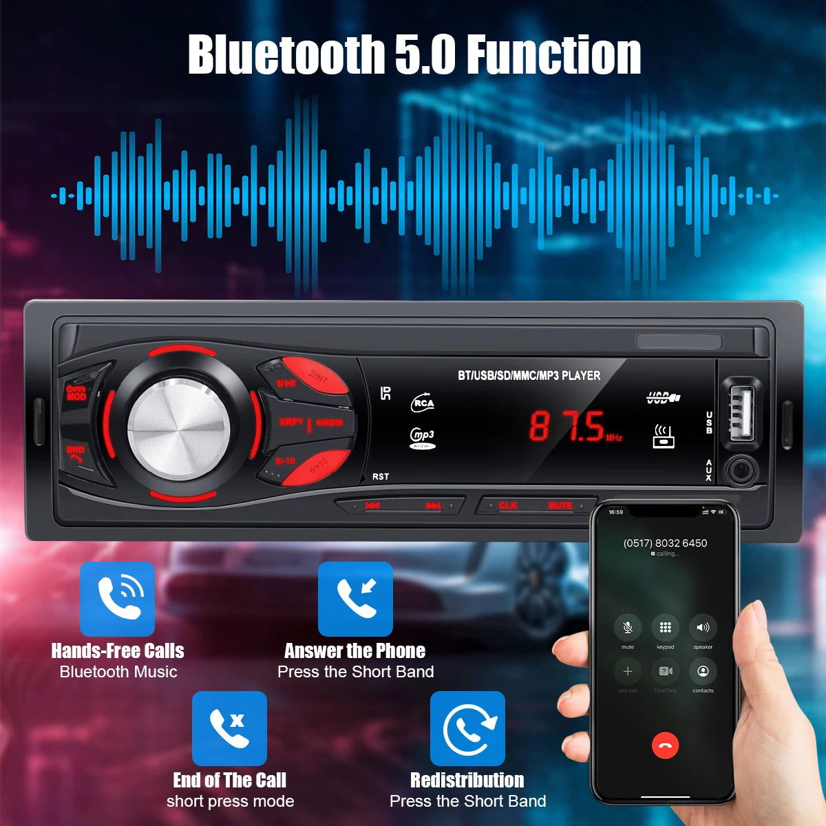 HIVOZ Car Radio Audio 1 Din Bluetooth Stereo Hands-Free Calling MP3 Player FM Receiver With AUX/USB/TF Card In Dash Kit - Slobuy