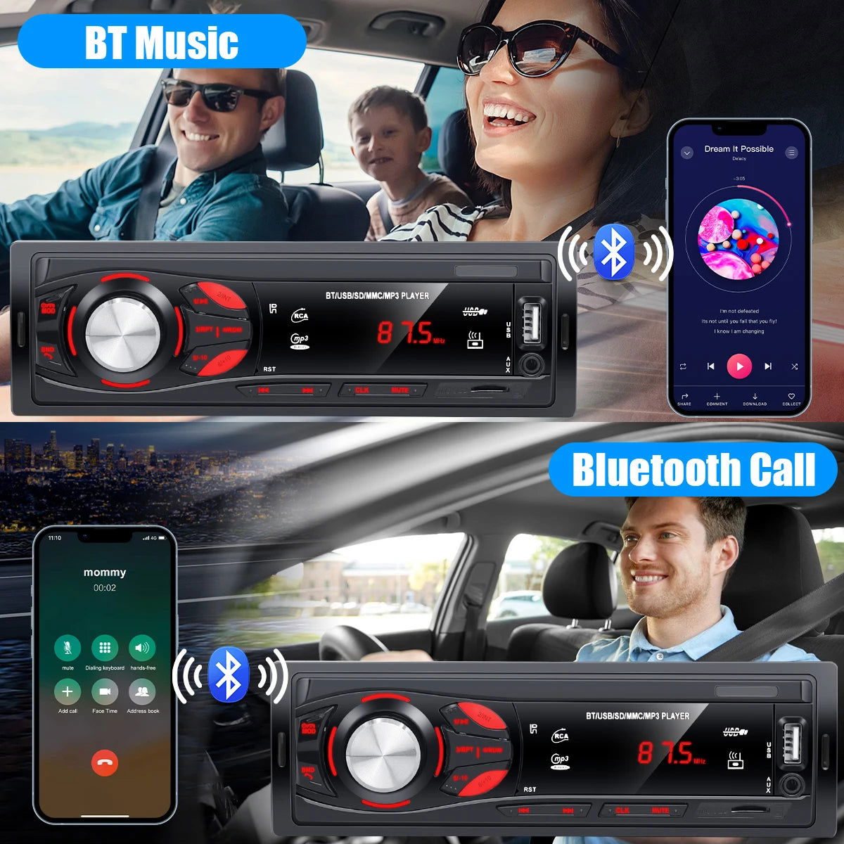 HIVOZ Car Radio Audio 1 Din Bluetooth Stereo Hands-Free Calling MP3 Player FM Receiver With AUX/USB/TF Card In Dash Kit - Slobuy