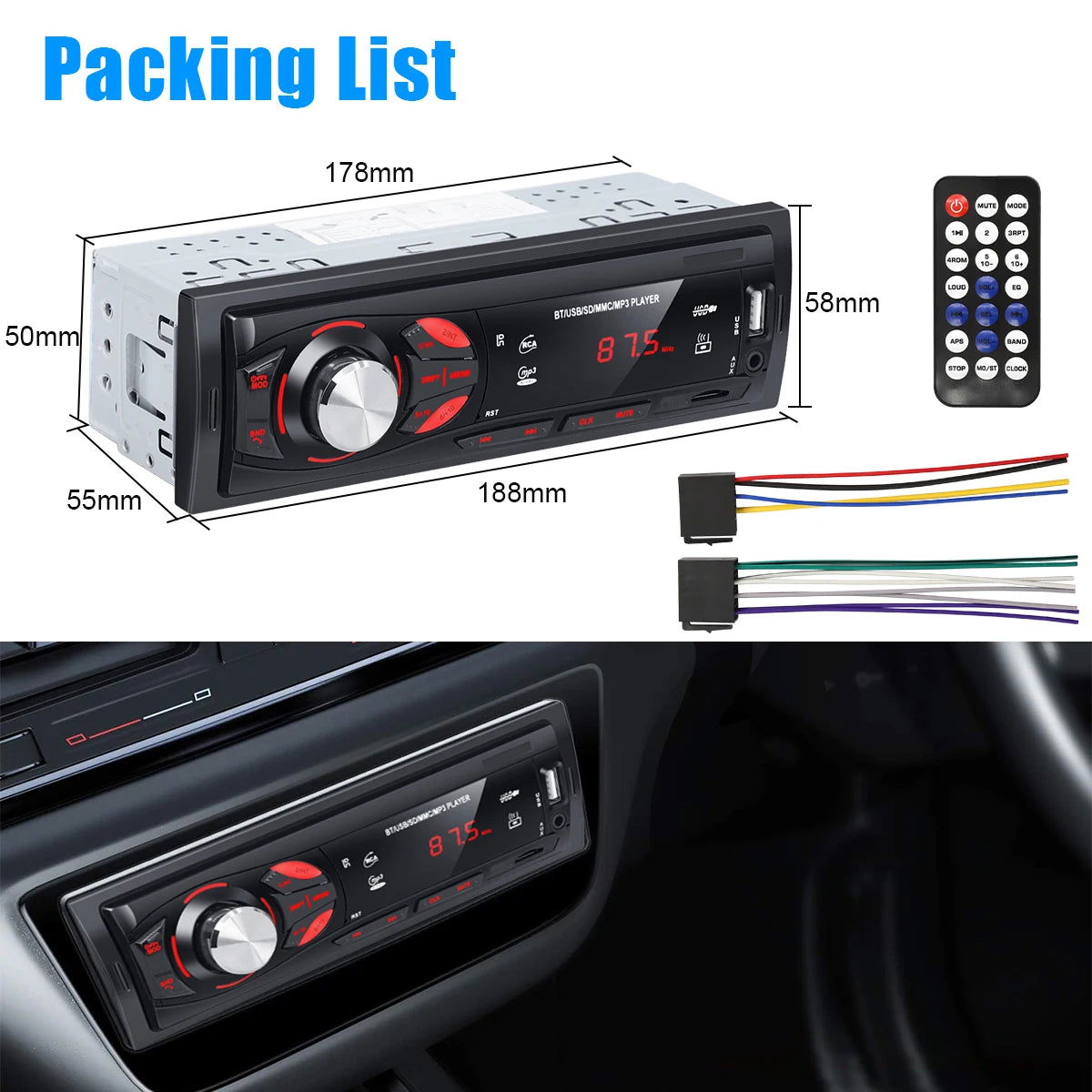 HIVOZ Car Radio Audio 1 Din Bluetooth Stereo Hands-Free Calling MP3 Player FM Receiver With AUX/USB/TF Card In Dash Kit - Slobuy