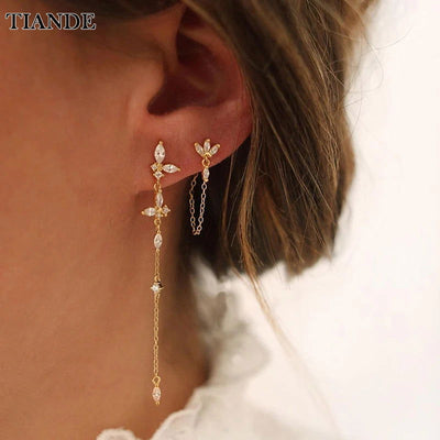 TIANDE Exquisite Zircon Tassel Chain Dangle Earrings for Women Fashion Gold Color Pierced Ear Stud Earrings Jewelry Accessories - Slobuy