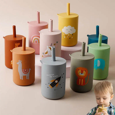 TYRY.HU 1Pc Baby Feeding Straw Cup Baby Cartoon Learning Feeding Cup Food Grade Silicone Toddler Water Bottle Tableware BPA Free - Slobuy