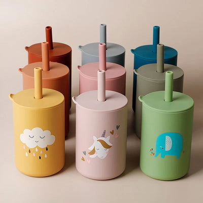 TYRY.HU 1Pc Baby Feeding Straw Cup Baby Cartoon Learning Feeding Cup Food Grade Silicone Toddler Water Bottle Tableware BPA Free - Slobuy