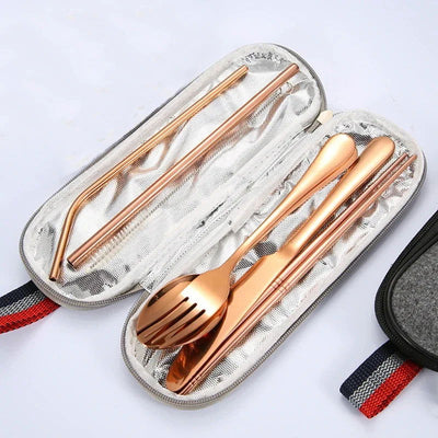 Tableware Reusable Travel Cutlery Set Camp Utensils  with Stainless Steel Spoon Fork Chopsticks Straw Portable Case - Slobuy