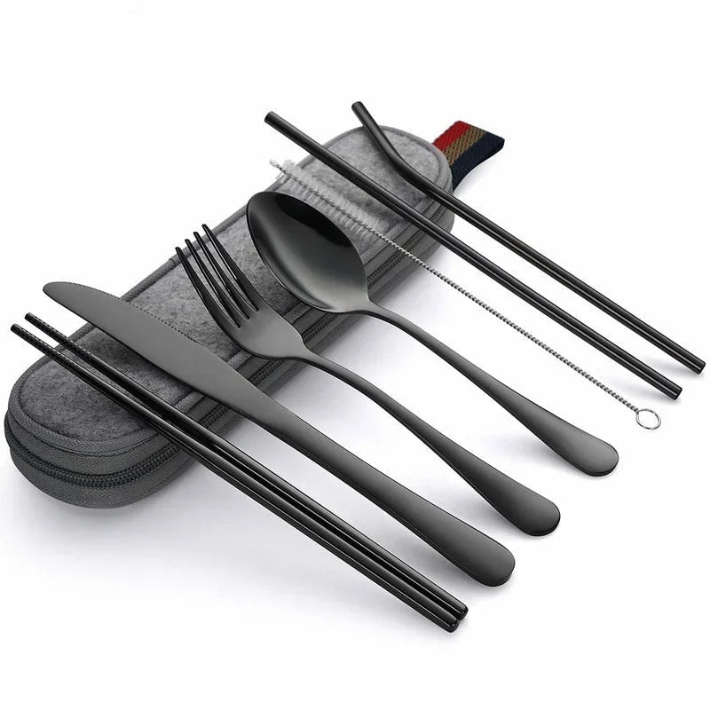 Tableware Reusable Travel Cutlery Set Camp Utensils  with Stainless Steel Spoon Fork Chopsticks Straw Portable Case - Slobuy