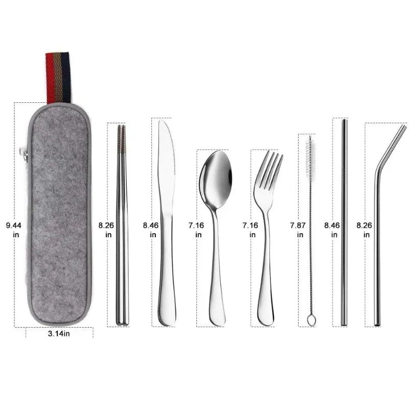 Tableware Reusable Travel Cutlery Set Camp Utensils  with Stainless Steel Spoon Fork Chopsticks Straw Portable Case - Slobuy