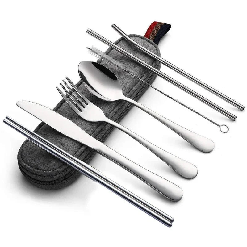 Tableware Reusable Travel Cutlery Set Camp Utensils  with Stainless Steel Spoon Fork Chopsticks Straw Portable Case - Slobuy