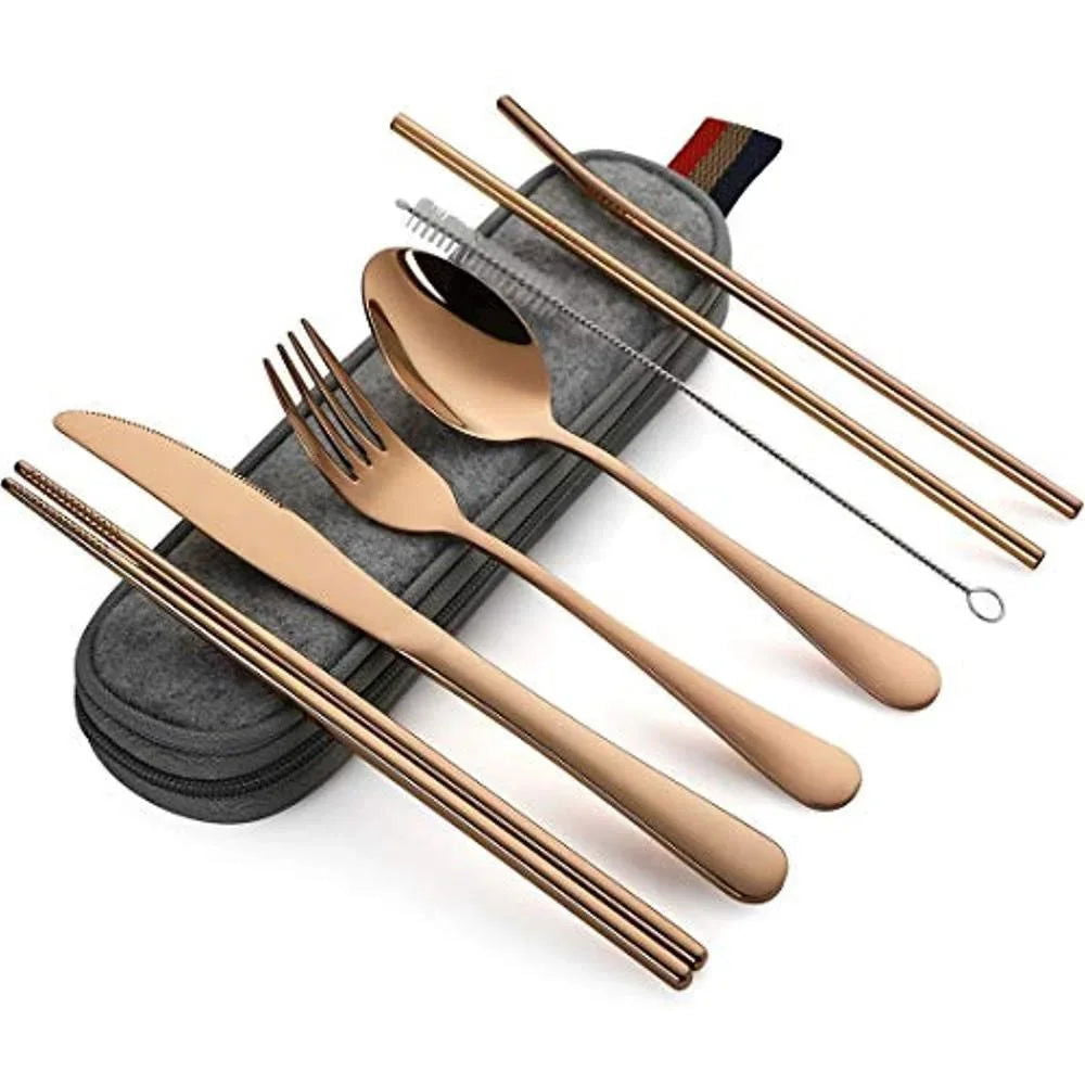 Tableware Reusable Travel Cutlery Set Camp Utensils  with Stainless Steel Spoon Fork Chopsticks Straw Portable Case - Slobuy