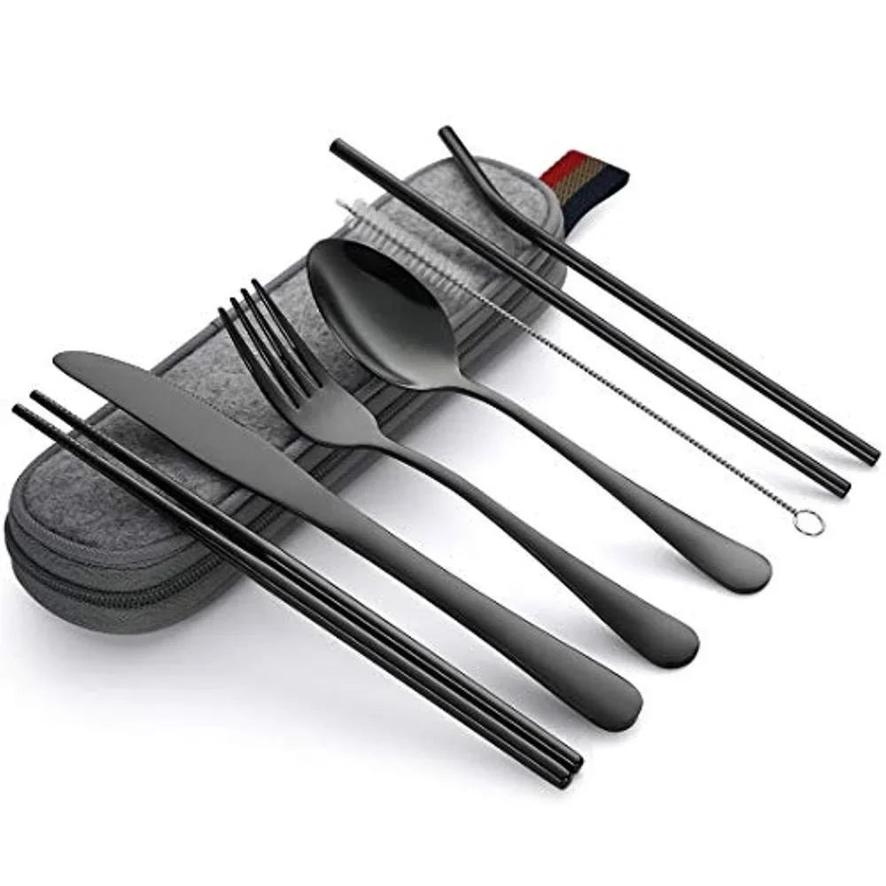 Tableware Reusable Travel Cutlery Set Camp Utensils  with Stainless Steel Spoon Fork Chopsticks Straw Portable Case - Slobuy