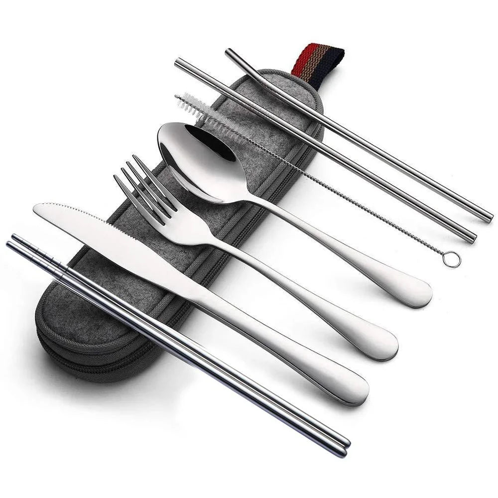 Tableware Reusable Travel Cutlery Set Camp Utensils  with Stainless Steel Spoon Fork Chopsticks Straw Portable Case - Slobuy