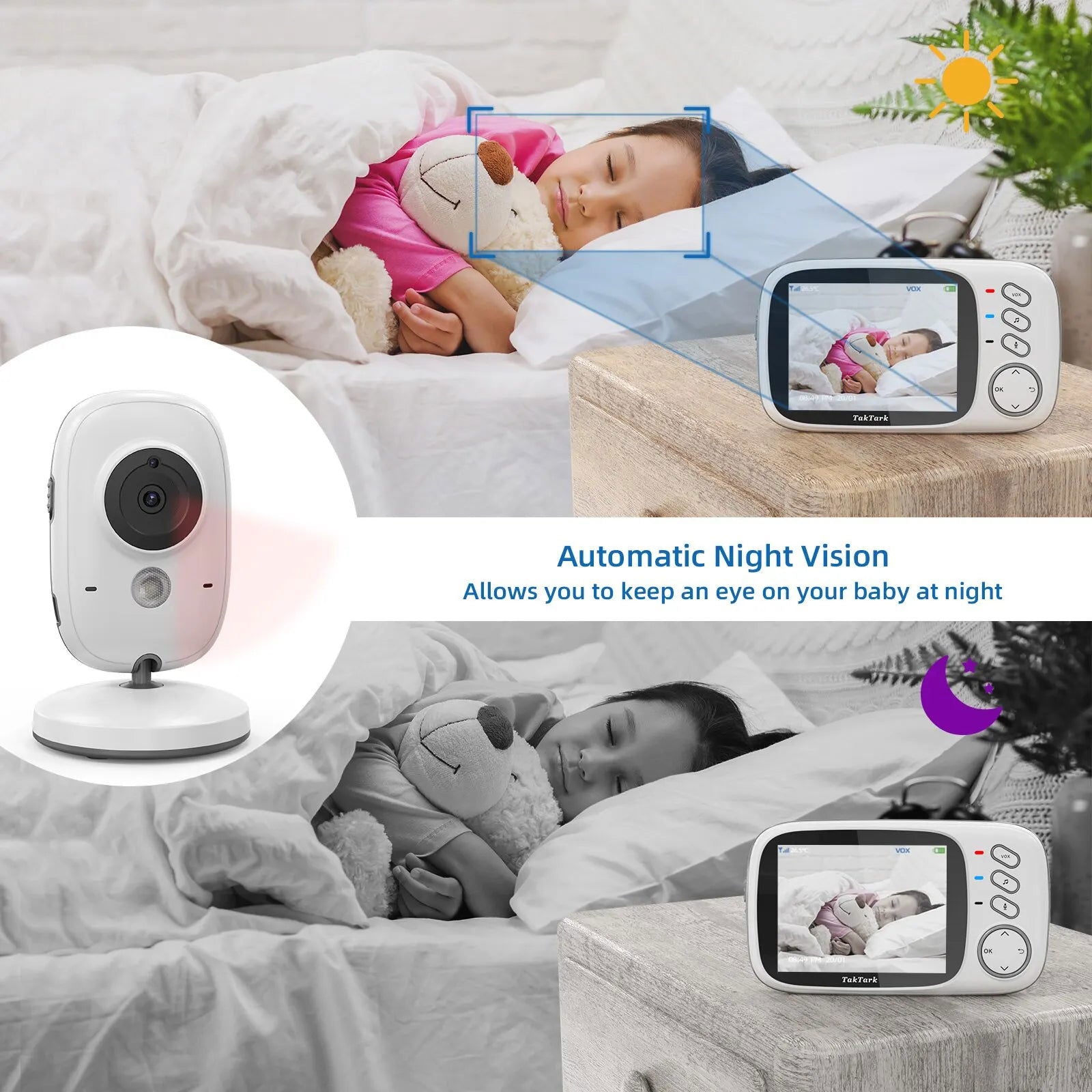 TakTark 3.2 Inch Wireless Video Baby Monitor With Lullabies Auto Night Vision Two Way Intercom Temperature Monitoring Babysitter - Slobuy