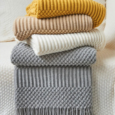 Textured Knitted Throw Blankets with Tassels Cozy Woven Decorative Boho Bed Blanket for Sofa Bed Chair Pattern for All Seasons - Slobuy