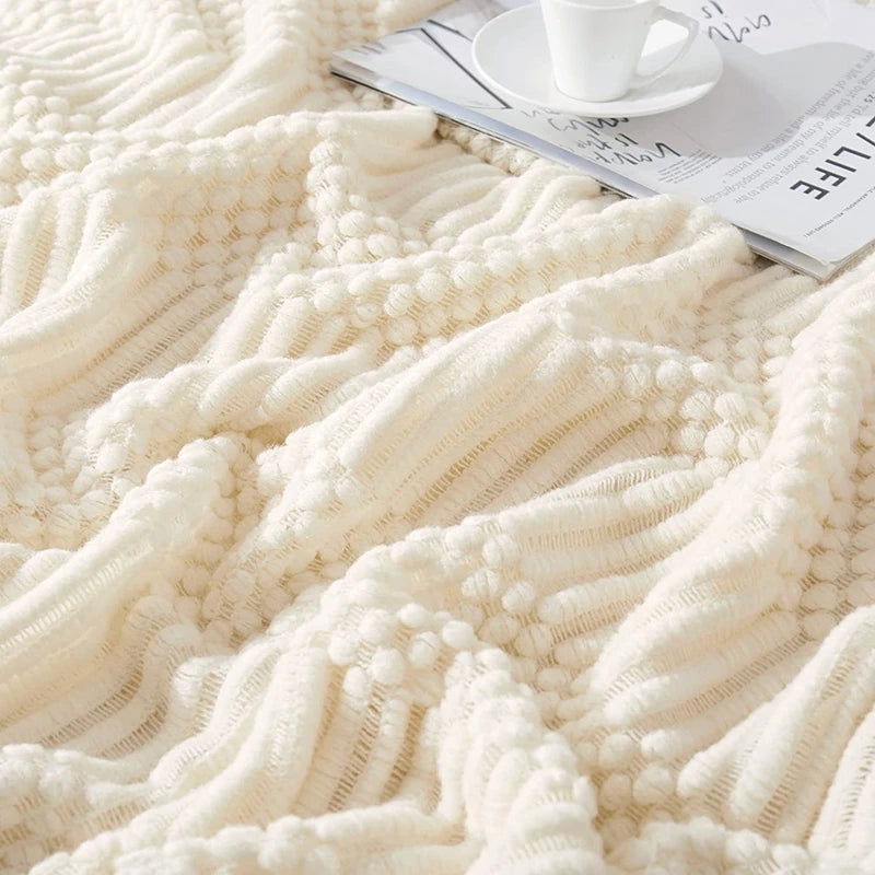 Textured Knitted Throw Blankets with Tassels Cozy Woven Decorative Boho Bed Blanket for Sofa Bed Chair Pattern for All Seasons - Slobuy