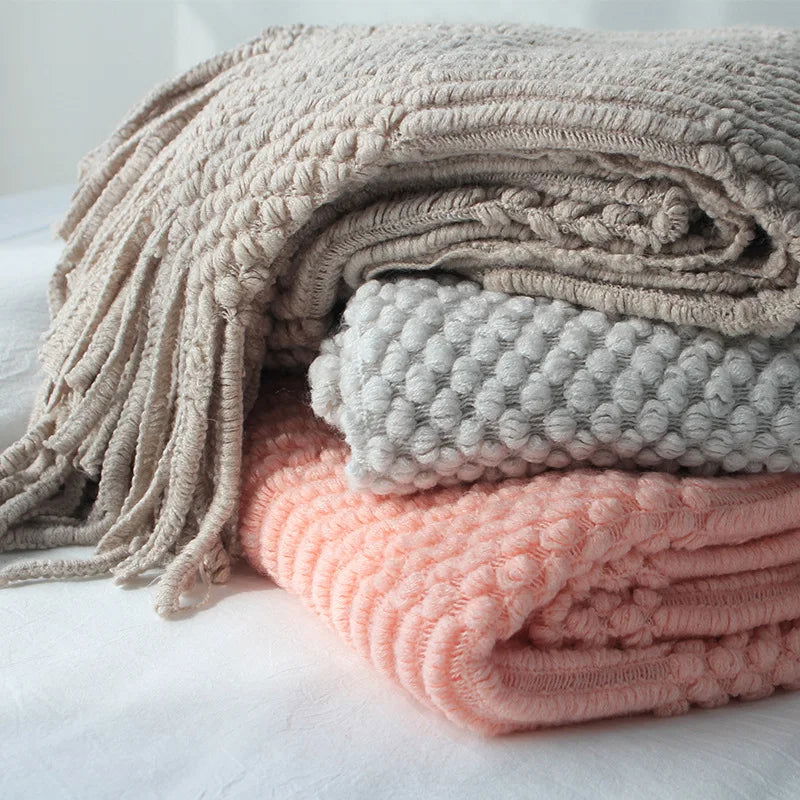 Textured Knitted Throw Blankets with Tassels Cozy Woven Decorative Boho Bed Blanket for Sofa Bed Chair Pattern for All Seasons - Slobuy