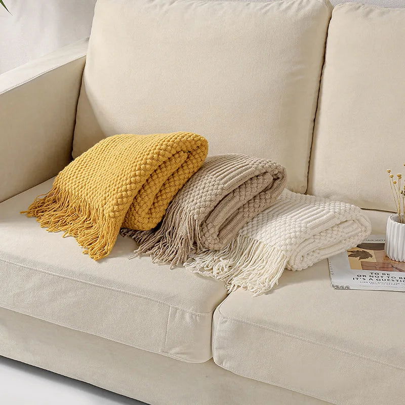 Textured Knitted Throw Blankets with Tassels Cozy Woven Decorative Boho Bed Blanket for Sofa Bed Chair Pattern for All Seasons - Slobuy