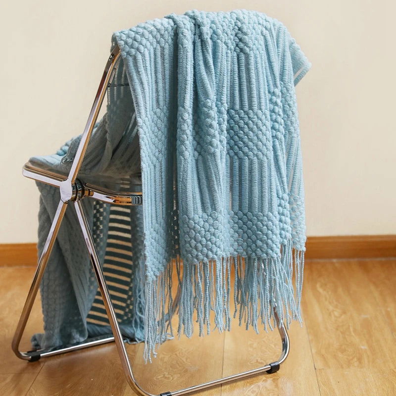 Textured Knitted Throw Blankets with Tassels Cozy Woven Decorative Boho Bed Blanket for Sofa Bed Chair Pattern for All Seasons - Slobuy