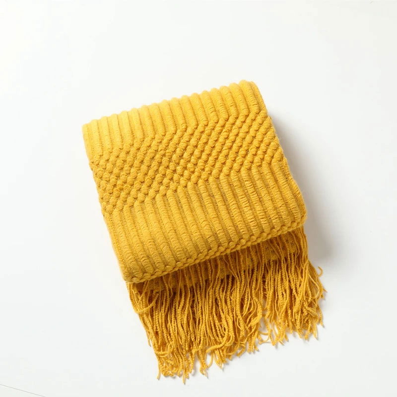 Textured Knitted Throw Blankets with Tassels Cozy Woven Decorative Boho Bed Blanket for Sofa Bed Chair Pattern for All Seasons - Slobuy