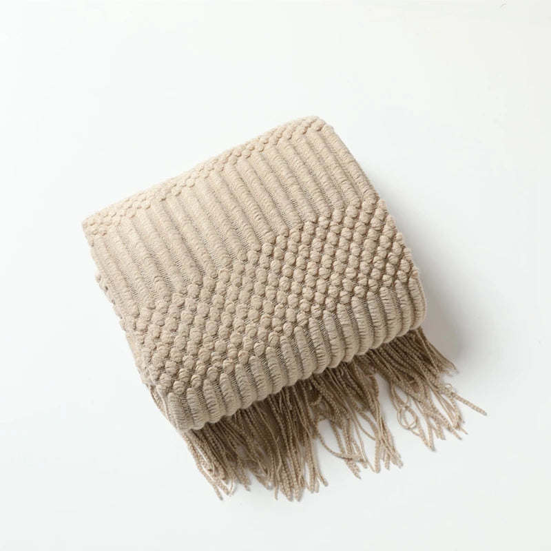 Textured Knitted Throw Blankets with Tassels Cozy Woven Decorative Boho Bed Blanket for Sofa Bed Chair Pattern for All Seasons - Slobuy