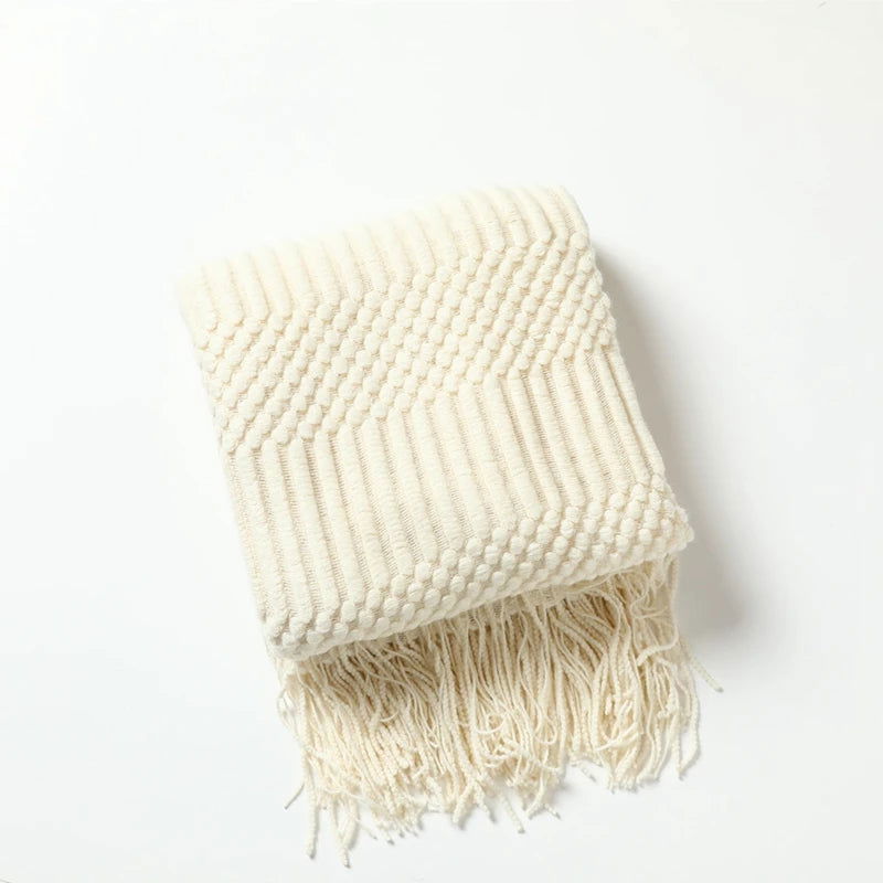 Textured Knitted Throw Blankets with Tassels Cozy Woven Decorative Boho Bed Blanket for Sofa Bed Chair Pattern for All Seasons - Slobuy