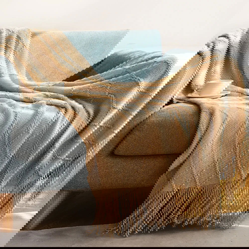 Textured Knitted Throw Blankets with Tassels Cozy Woven Decorative Boho Bed Blanket for Sofa Bed Chair Pattern for All Seasons - Slobuy