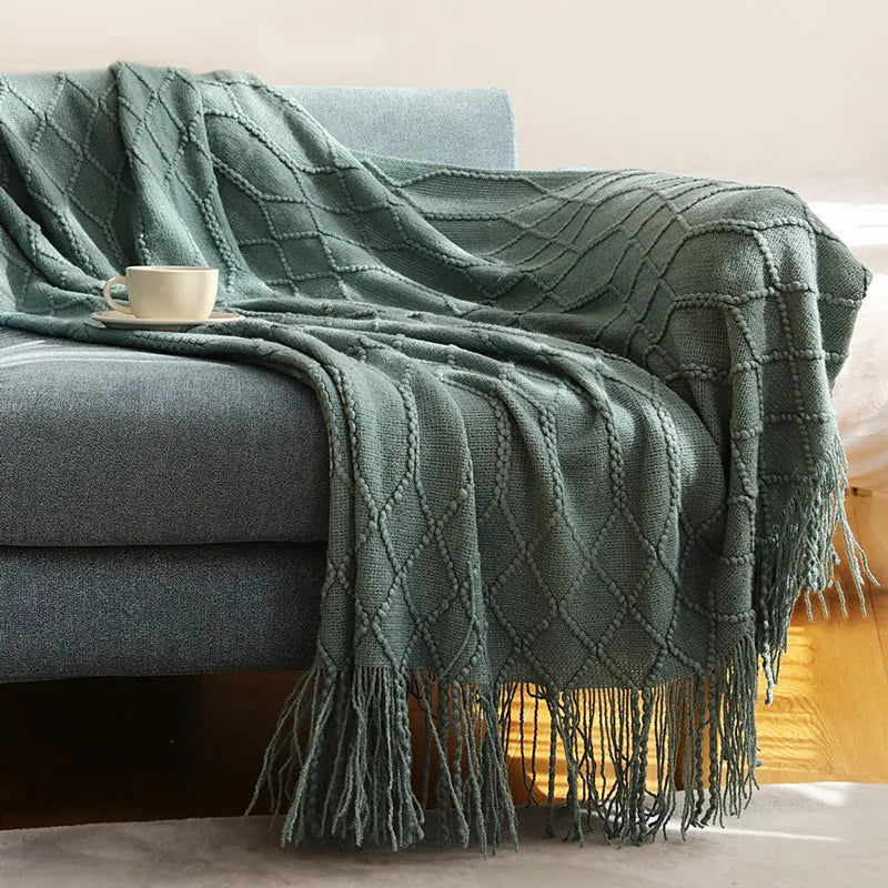 Textured Knitted Throw Blankets with Tassels Cozy Woven Decorative Boho Bed Blanket for Sofa Bed Chair Pattern for All Seasons - Slobuy