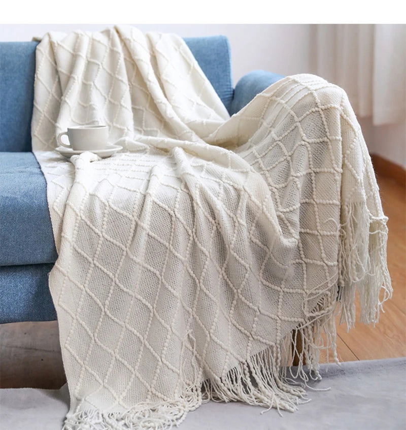 Textured Knitted Throw Blankets with Tassels Cozy Woven Decorative Boho Bed Blanket for Sofa Bed Chair Pattern for All Seasons - Slobuy