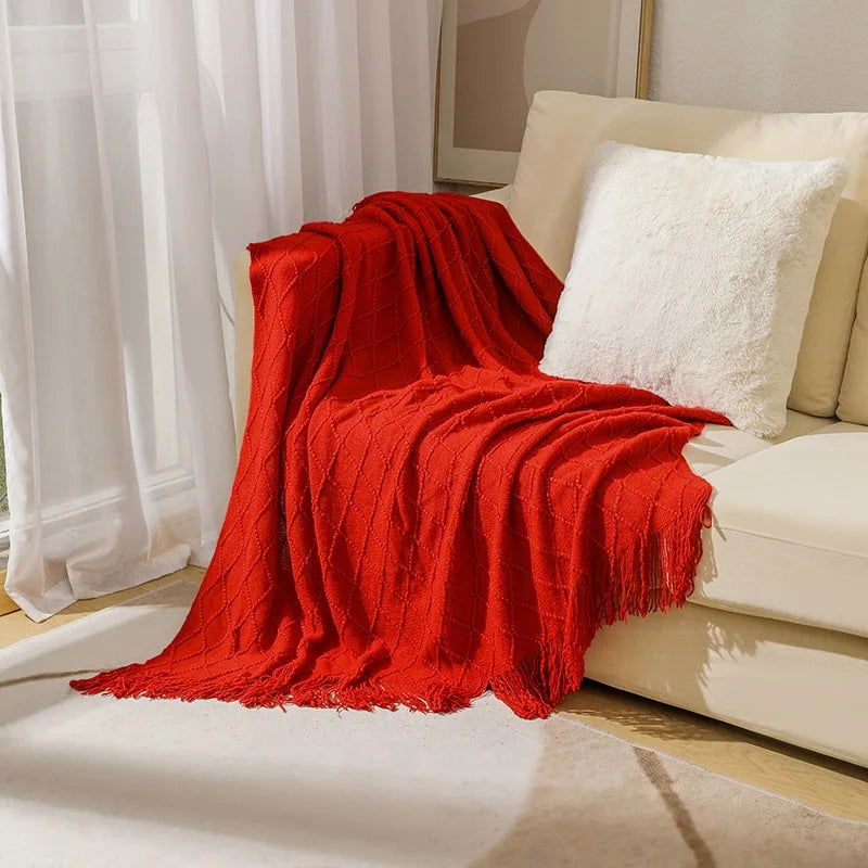 Textured Knitted Throw Blankets with Tassels Cozy Woven Decorative Boho Bed Blanket for Sofa Bed Chair Pattern for All Seasons - Slobuy