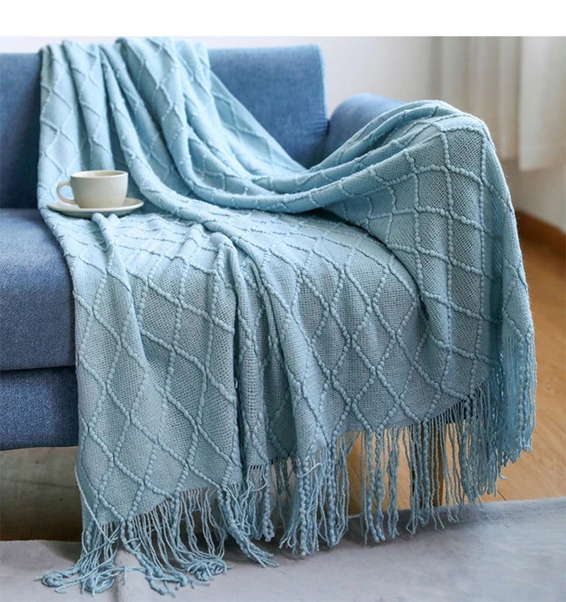 Textured Knitted Throw Blankets with Tassels Cozy Woven Decorative Boho Bed Blanket for Sofa Bed Chair Pattern for All Seasons - Slobuy