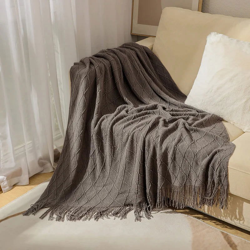 Textured Knitted Throw Blankets with Tassels Cozy Woven Decorative Boho Bed Blanket for Sofa Bed Chair Pattern for All Seasons - Slobuy