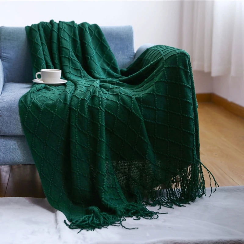 Textured Knitted Throw Blankets with Tassels Cozy Woven Decorative Boho Bed Blanket for Sofa Bed Chair Pattern for All Seasons - Slobuy