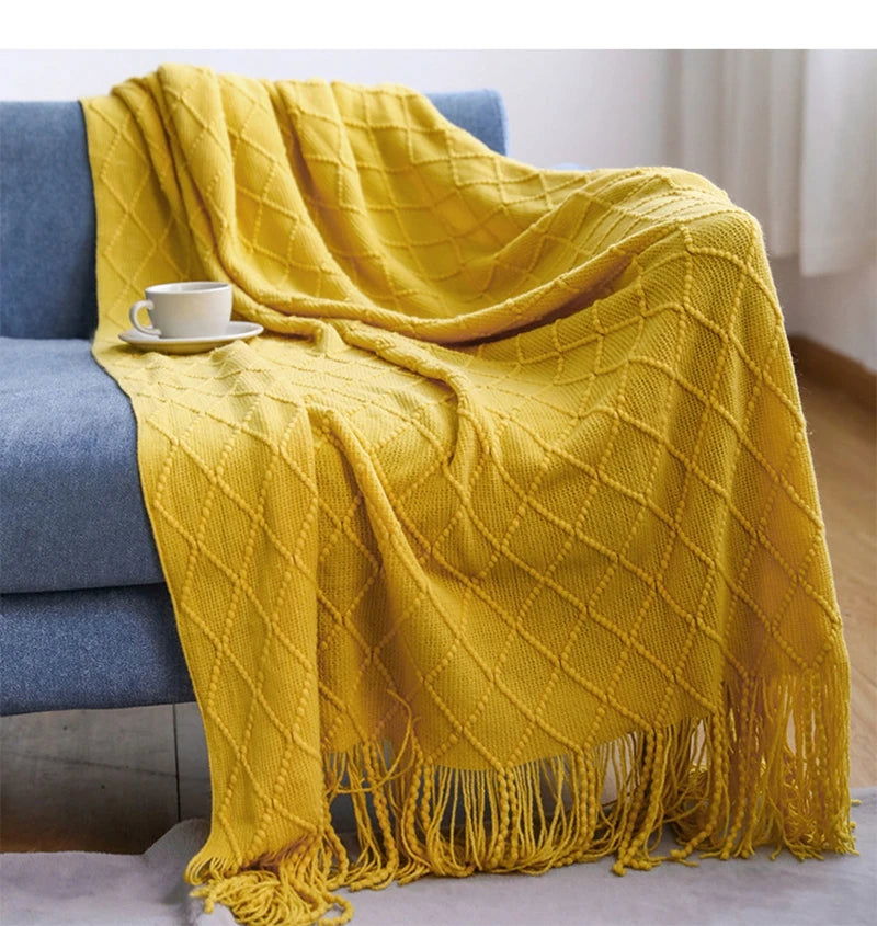 Textured Knitted Throw Blankets with Tassels Cozy Woven Decorative Boho Bed Blanket for Sofa Bed Chair Pattern for All Seasons - Slobuy