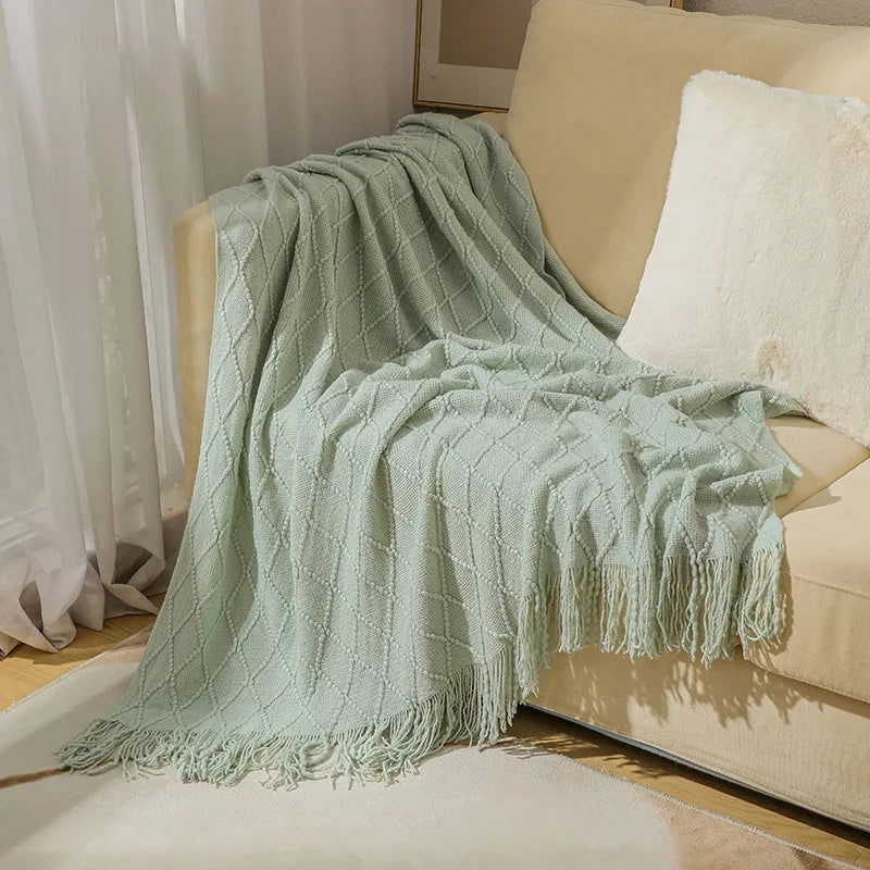 Textured Knitted Throw Blankets with Tassels Cozy Woven Decorative Boho Bed Blanket for Sofa Bed Chair Pattern for All Seasons - Slobuy