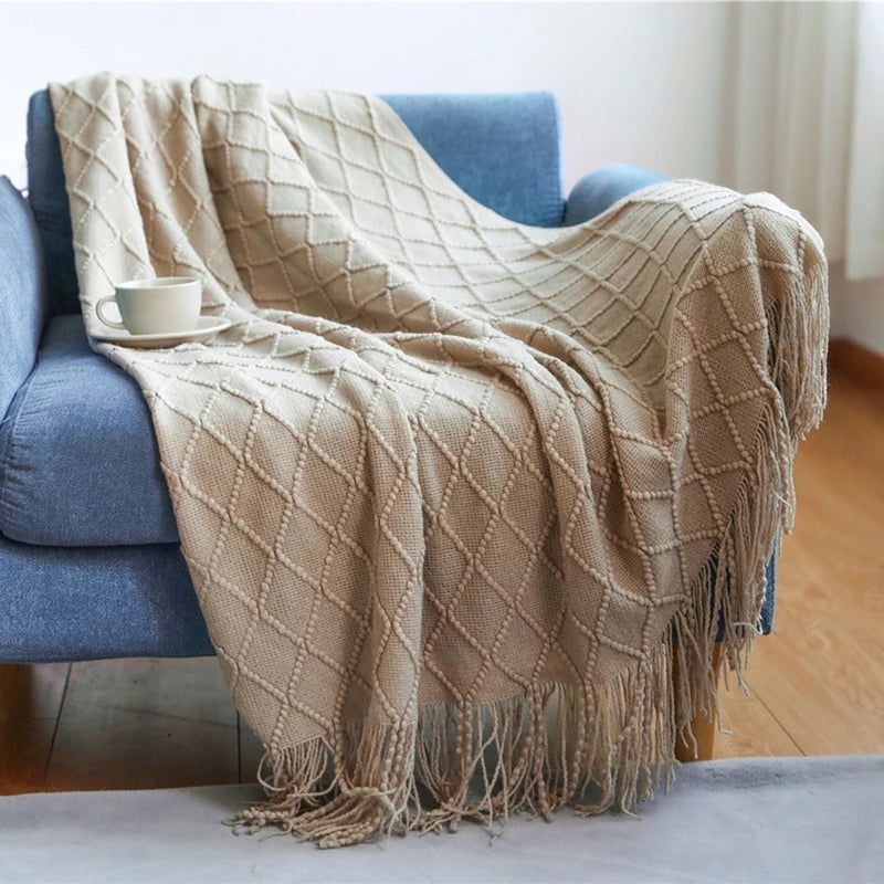 Textured Knitted Throw Blankets with Tassels Cozy Woven Decorative Boho Bed Blanket for Sofa Bed Chair Pattern for All Seasons - Slobuy