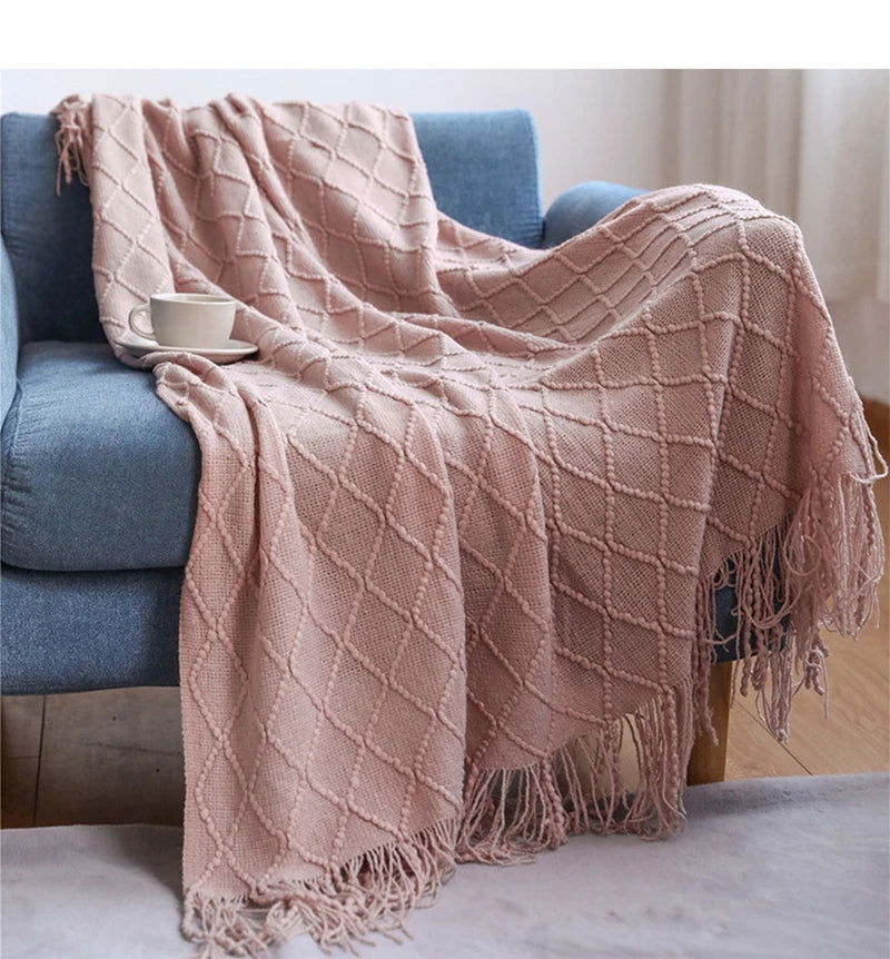 Textured Knitted Throw Blankets with Tassels Cozy Woven Decorative Boho Bed Blanket for Sofa Bed Chair Pattern for All Seasons - Slobuy