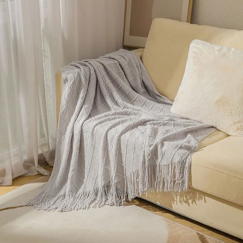 Textured Knitted Throw Blankets with Tassels Cozy Woven Decorative Boho Bed Blanket for Sofa Bed Chair Pattern for All Seasons - Slobuy