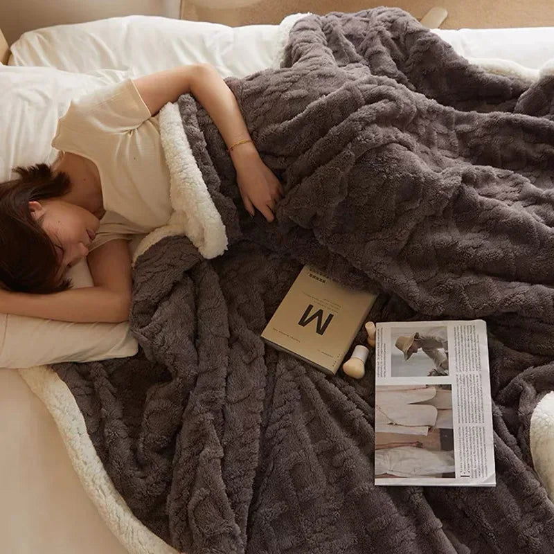 Thick Blanket Lamb Wool Warm Sleeping Double Side Microfiber Flannel Fleece Blankets for Bed Cozy Comfortable Super Soft Quilt - Slobuy