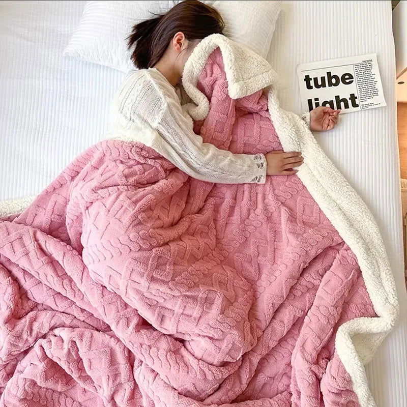 Thick Blanket Lamb Wool Warm Sleeping Double Side Microfiber Flannel Fleece Blankets for Bed Cozy Comfortable Super Soft Quilt - Slobuy