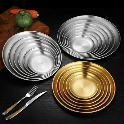 Thickened Stainless Steel Golden Round Fruit Plate Cake Plate Bone Tray BBQ Plate Flat Bottom Shallow Tray - Slobuy