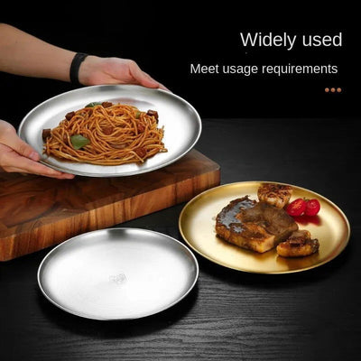 Thickened Stainless Steel Golden Round Fruit Plate Cake Plate Bone Tray BBQ Plate Flat Bottom Shallow Tray - Slobuy