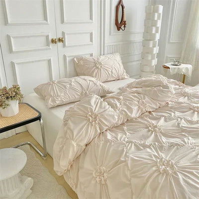 Three-dimensional Pinch Pleated Crafts Double Duvet Cover Set 220x240 Solid Twist Flowers King Size Bedding Set Quilt Cover Set - Slobuy