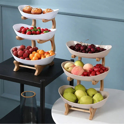 Three Layer Table Plates Dinnerware Wooden Kitchen Fruit Bowl with Floors Partitioned Dish Snack Candy Cake Stand Salad Bowl - Slobuy