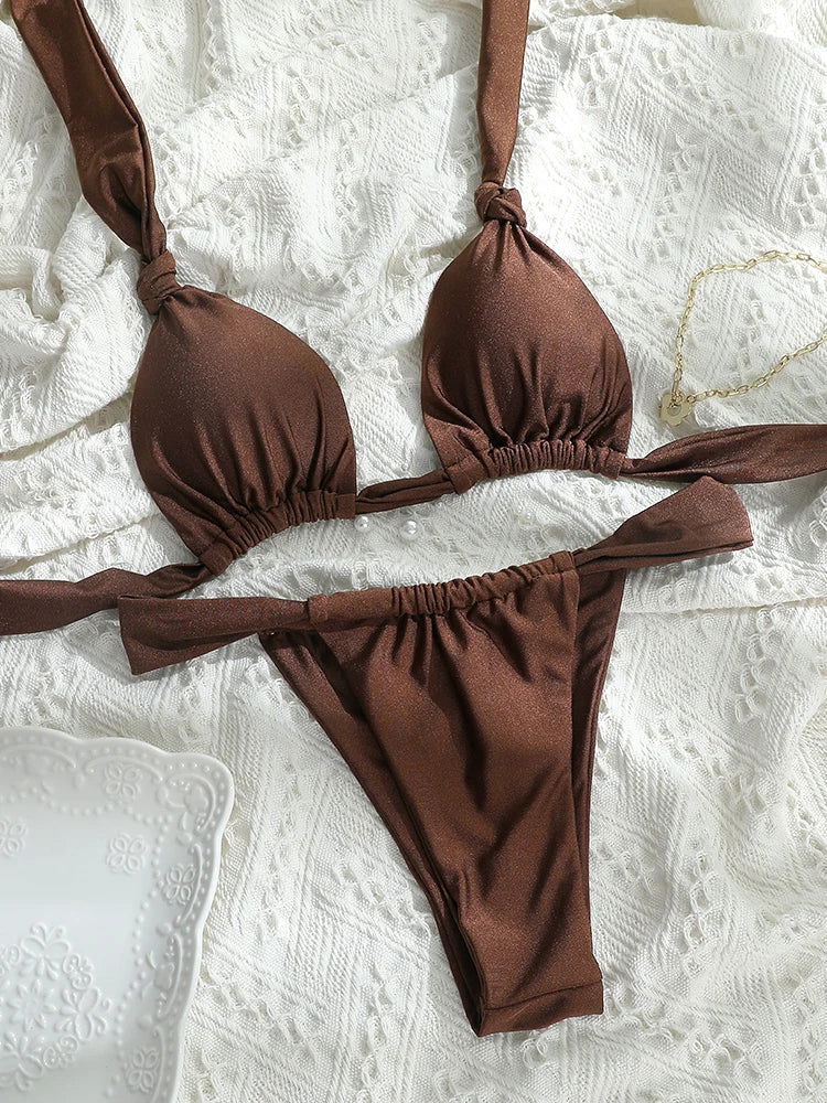 Tiedown Bikini for Women Triangle Swimwear Bathing Suit Brazilian 2-Piece Folds Bikinis Set solid Push Up Swimsuit New 2024 - Slobuy