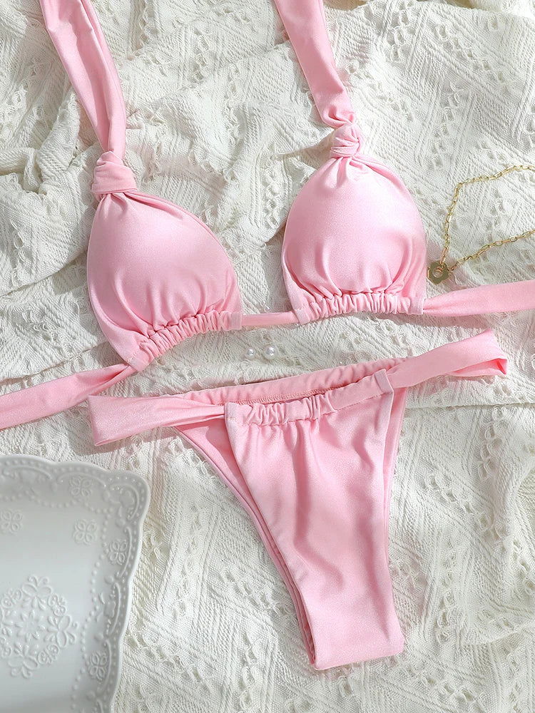 Tiedown Bikini for Women Triangle Swimwear Bathing Suit Brazilian 2-Piece Folds Bikinis Set solid Push Up Swimsuit New 2024 - Slobuy