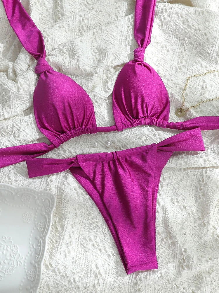 Tiedown Bikini for Women Triangle Swimwear Bathing Suit Brazilian 2-Piece Folds Bikinis Set solid Push Up Swimsuit New 2024 - Slobuy